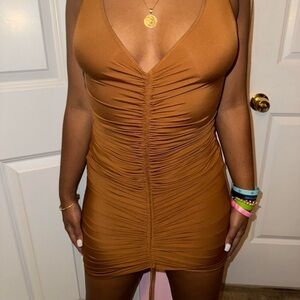 Fashion Nova Ruched V-Neck Mini Dress - Brown